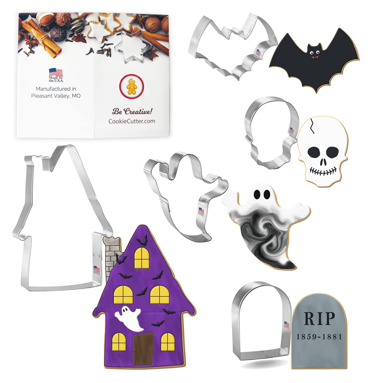 CookieCutter.com Haunted House Cookie Cutter 5 Piece Set, Ghost, Skull, Tombstone, Tin Plate Steel, Made in the USA